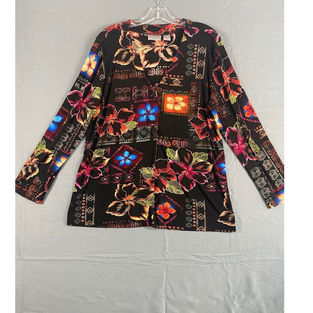 Chico's Travelers Cardigan Top Sz XL Black Floral Acetate Spandex V-Neck Boho